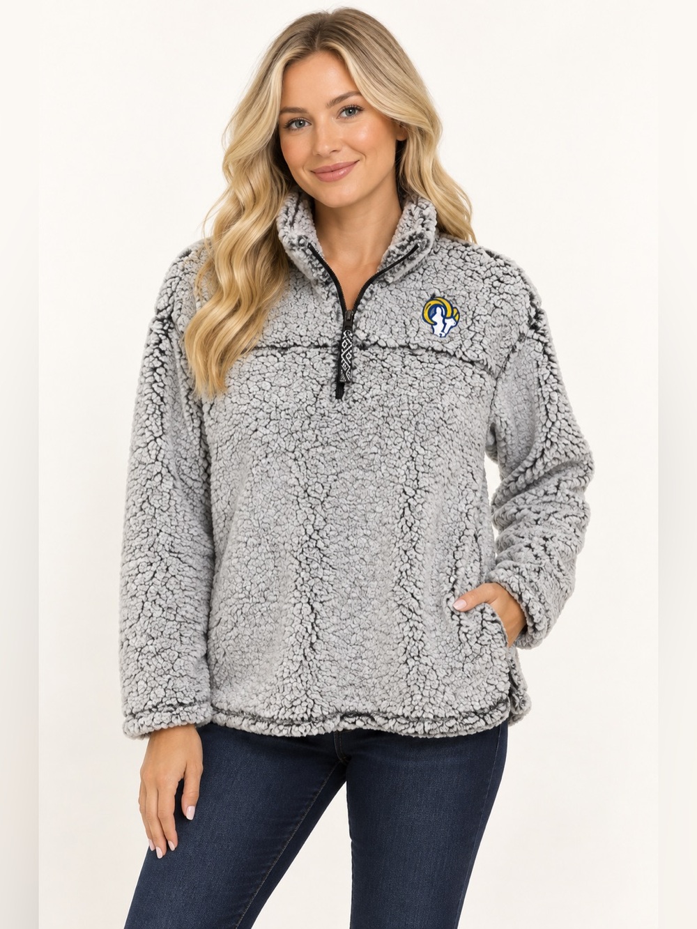 LA Rams NFL Women’s Gray Sherpa Quarter-Zip Hoodie Size M